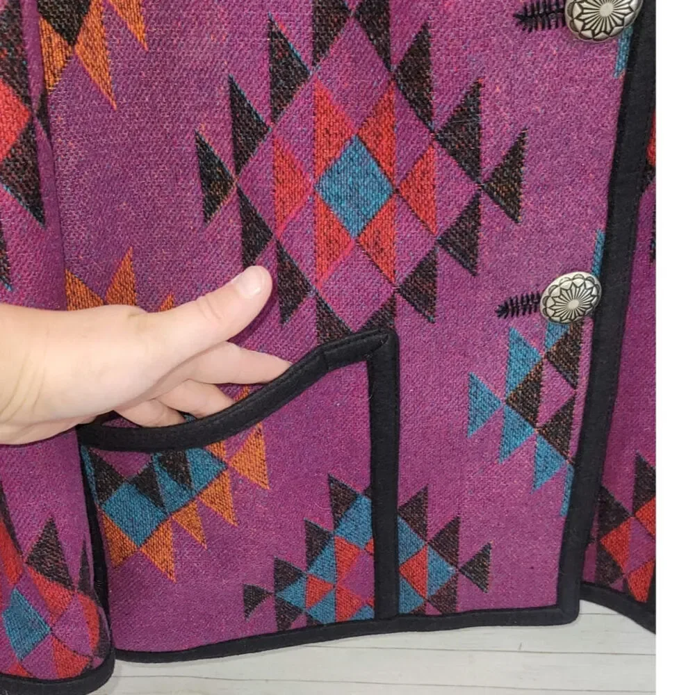 VINTAGE WOOL BLEND AZTEC PRINT BUTTON UP JACKET W FRINGE DETAIL, SZ LARGE